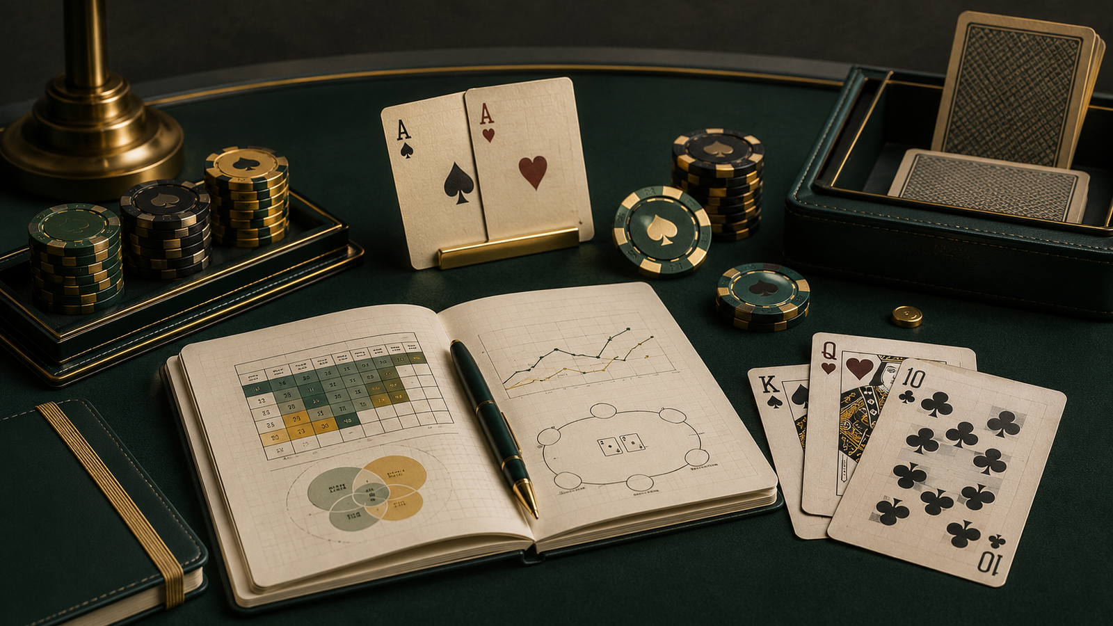 Estrategia de poker preflop con cartas, fichas y análisis